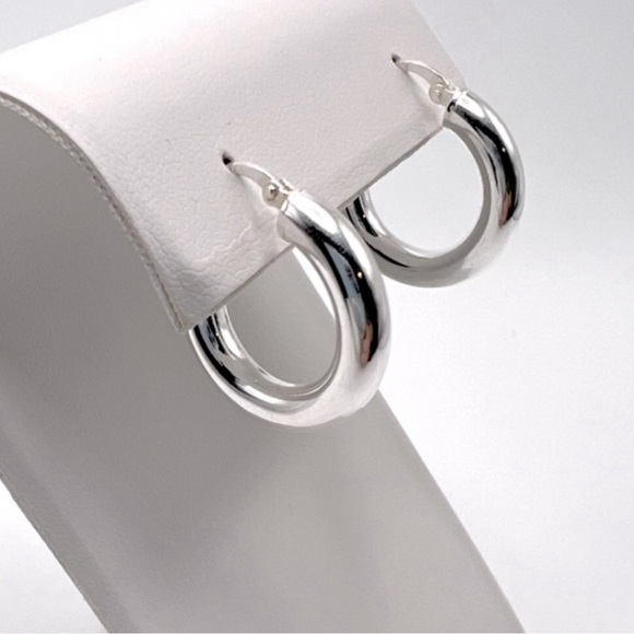 .925 Sterling Silver 4mm x 20mm  Round Tube Hoop Earrings - Picture 2 of 15